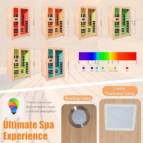 2-Person Infrared Sauna, Indoor Home Sauna Room Hemlock Wood Sauna Low EMF Far Infrared Heating with Tempered Glass Door Bluetooth Speakers, Chromotherapy Lights for Family（110V, 1850W）Truck delivery DWKWE