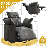 Power Recliner Chairs, 360° Swivel Rocking Chair Nursery with USB/Type-C & Phone Holder, Gilder Reclining Chair with Side Pocket for Adults, Barrel Recliners for Living Room, Chenille Dark Grey
