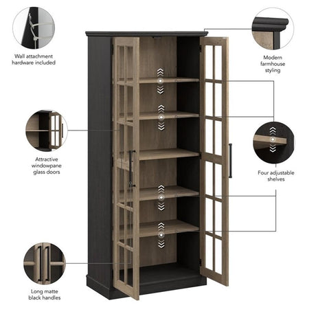 Bush Furniture Westbrook Curio Cabinet with Glass Doors in Vintage Black/Restored Tan Hickory | Tall 5 Shelf Display Case for Living Room or Home Office Bush Business Furniture