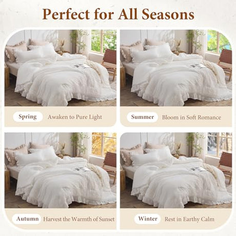 JOLLYVOGUE White Twin Size Comforter Set, 2 Pieces Seersucker Lightweight Fluffy Bedding Set, Twin Ruffle Comforter, All Season Soft Microfiber Shabby Chic Bed Set JOLLYVOGUE