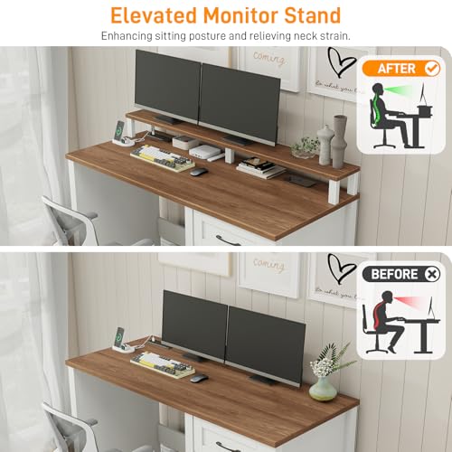 Vabches 47" Farmhouse Executive Desk with Monitor Stand and LED Lights,4 Drawers Computer Desk with Power Outlets,Large Workspace for Work Study Writing.Unique White Vabches