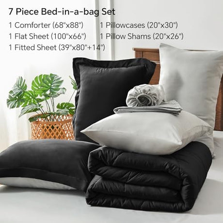 BEDELITE Twin XL Comforter Set 5 Pieces Bed in A Bag - Soft Microfiber Reversible Twin Extra Long Black Bed Set with Comforters, Sheets, Pillowcase & Sham, Cozy Bedding Sets for College Dorm Room BEDELITE