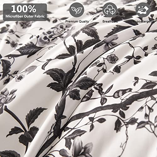 LLDSYW King Size Comforter Set - 7 Pieces Bed in a Bag Soft Microfiber Bedding Comforter Set Leaves Floral Pattern on White Comforter Sets with Sheets for All Seasons (King, Black) LLDSYW