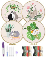 ERKOON 4 Sets Embroidery Kit for Beginners,Hummingbird and Flower Cross Stitch Set for Include Embroidery Cloth Hoops Threads for Craft Lover Hand Stitch (Cat)