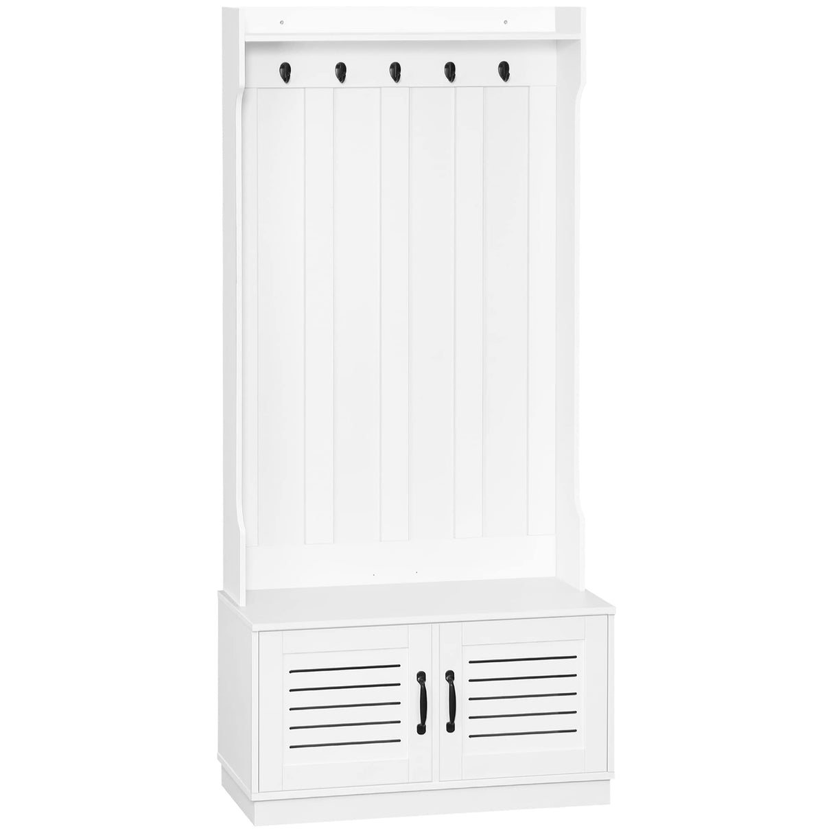 HOMCOM Modern Hall Tree, Entryway Coat Rack with Shoe Bench, 5 Hooks, Storage Shelf and Slatted Door Cabinet for Hallway, White HOMCOM