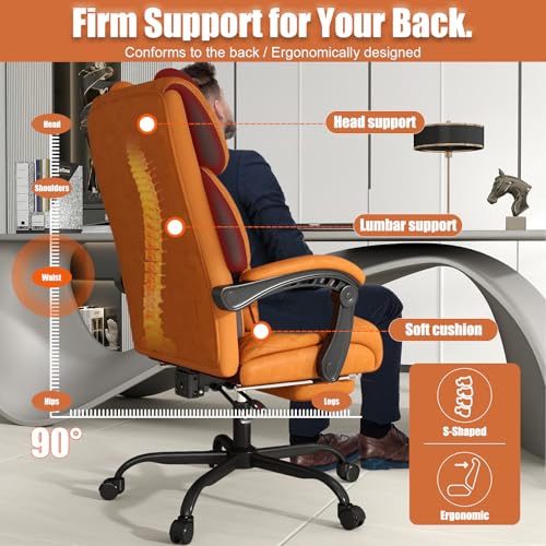 Ergonomic Office Chair with Footrest, 400lbs High Back Executive Home Office Computer Chair with Unique Ear-Shape Headrest for Neck Support,Brown Leather Office Chairs for Home Office Work Hihady