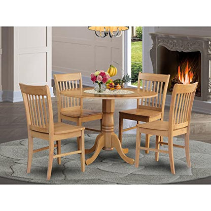 East West Furniture DLNO5-OAK-W Dublin 5 Piece Modern Set Includes a Round Wooden Table with Dropleaf and 4 Dining Chairs, 42x42 Inch - WoodArtSupply