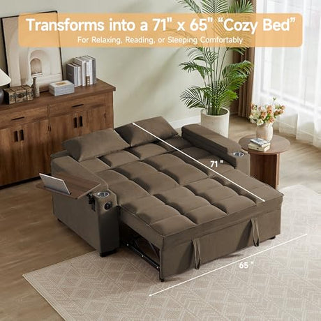 hansones 65'' 3-in-1 Folding Convertible Sofa Bed, Pullout Sofa, Modern Chenille Fabric, 360° Swivel Side Table, Easy Assembly, Perfect for Living Room(ZY-1107A-Brown) hansones