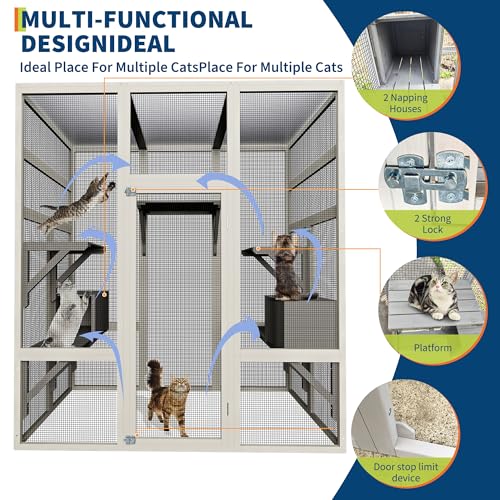 70'' Large Catio Outdoor Cat Enclosure with Perches and Condos, Wood Cat Patio with Waterproof Roof, Feral Cats Shelter 5 Platforms & 2 Resting Box, UV-Resistant PC Roof GarveeLife