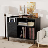 HarmoFurn Record Player Stand with Flip-Top, Wood Vinyl Storage Cabinet with 2-Outlet Power Strip, Drawers & Dustproof Cubbies, Media Console, Black, 35.4x15x27.6 Inches HarmoFurn
