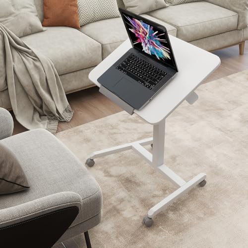 PUNCIA 90°Tiltable Small Standing Desk with Stoppers Mobile Rolling Laptop Table on Wheels Pneumatic Adjustable Height Computer Workstation Stand Up Cart Bedside Overbed Table for Home Office White PUNCIA