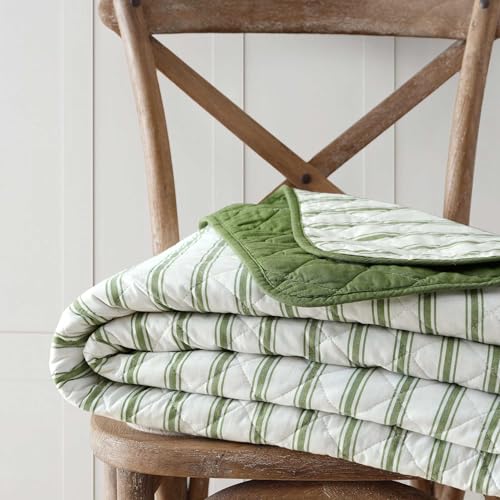 Martha Stewart - Queen Quilt Set, 100% Soft & Breathable Bedding with a Lightweight Feel for Year Round Comfort, 3 Piece Bed Set with Matching Pillowcases (Ticking Stripe Green) Martha Stewart