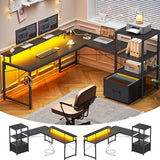 SEDETA L Shaped Gaming Desk, 51" Computer Desk with Storage Shelves, Gamer Desk with Power Outlets & LED Lights, Fabric Drawer, Monitor Stand and Hooks, Black SEDETA