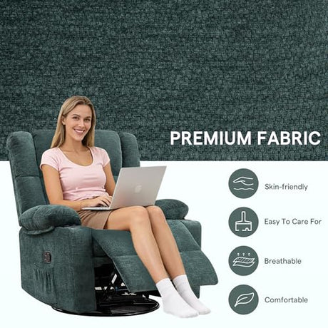 Coziture Swivel Rocker Recliner,Rocking Reclining Chair with Adjustable Headrest for Adults,Upholstered Fabric Swivel Recliner Chair for Bedroom,Living Room,Green Coziture