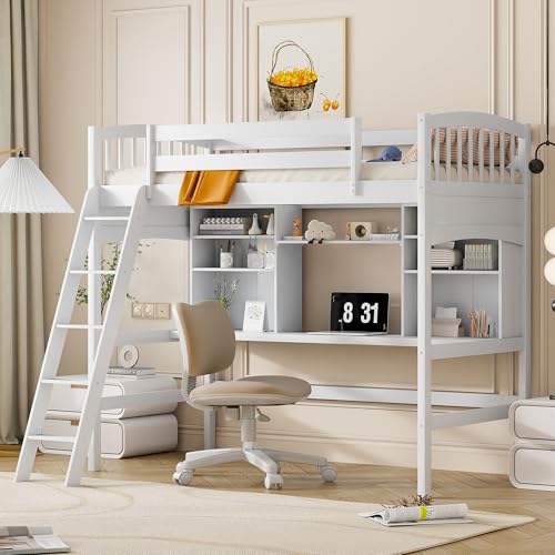 Merax Twin Loft Bed with Desk, Solid Wood Twin Size Loft Bed Frame with Shelves, White Merax