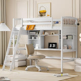 Merax Twin Loft Bed with Desk, Solid Wood Twin Size Loft Bed Frame with Shelves, White Merax