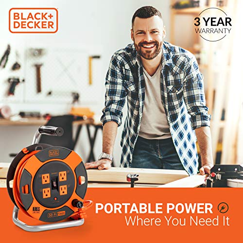 BLACK+DECKER 50 Ft. Retractable Extension Cord Reel With 4 Outlets, Multi-Plug Extension, Easy Handle Rewind & Heavy-Duty 14AWG SJTW Cable Black + Decker