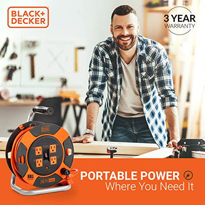 BLACK+DECKER 50 Ft. Retractable Extension Cord Reel With 4 Outlets, Multi-Plug Extension, Easy Handle Rewind & Heavy-Duty 14AWG SJTW Cable - WoodArtSupply