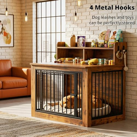 IRONCK Extra Large Dog Crate Furniture, 43.3 inches Wooden Dog Crate with Storage and 4 Hooks, Heavy Duty Pet Crate for Large Dog, Decorative Pet Cage for Indoor (30" L x 43.3" W x 41.1" H) IRONCK