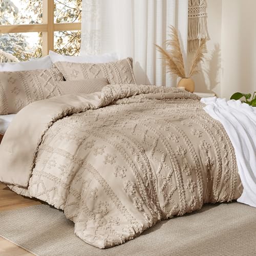 Bedsure Tufted Boho Comforter Set Twin Size - Khaki Boho Bed Set, GentleSoft™ 2 Pieces Farmhouse Shabby Chic Embroidery Bedding, Gifts for Woman, Soft Jacquard Twin Comforter for All Seasons Bedsure