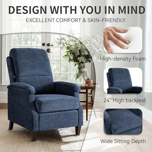 VKNOW Recliner Chair, Fabric Recliner with Soft Armrest, Home Theater Seating with Adjustable Push Back and Lumbar Support, Single Sofa for Adults, Lounge Chair for Living Room, Bedroom（Blue）