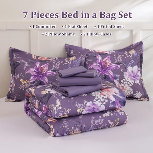 Drucon Floral Comforter Set King Size 7 Piece, Purple Flower Bed in a Bag, Elegant Floral Comforter with Sheet Set, Soft Microfiber Bedding Set for All Season Drucon