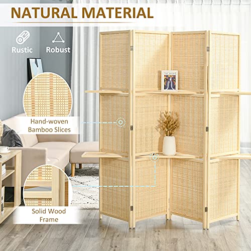 HOMCOM 4-Panel Folding Room Divider, 6 Ft Freestanding Bamboo Privacy Screen Panel with Storage Shelves for Bedroom or Office, Natural Wood Color HOMCOM