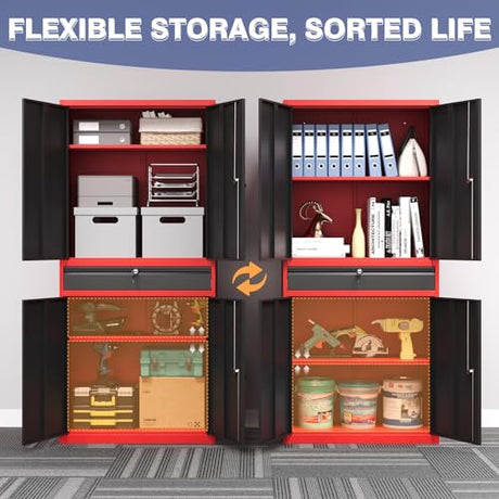 LISSIMO Metal Garage Storage Cabinet with Locking Doors and Drawer, 71" Steel Tool Storage Cabinet with Adjustable Shelves for Garage,Office,Warehouse (Red Black) LISSIMO