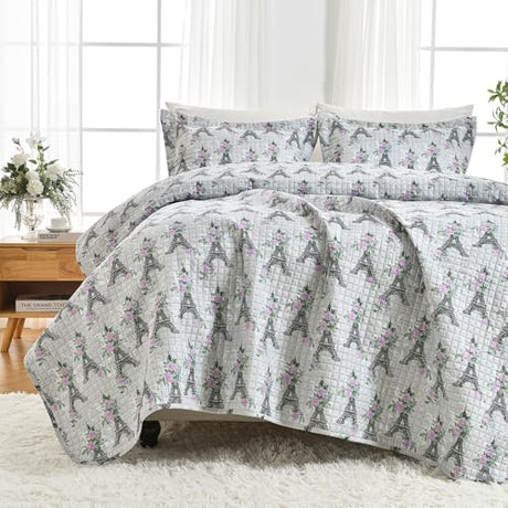HollyHOME Eiffel Tower 2 Pieces Twin Size Quilt Sets with Pink Floral on Gray Design Bedspread Bed Cover, Includes 1 Quilt, 1 Pillow Sham (Twin, 68"x88") HollyHOME
