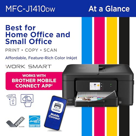 Brother Work Smart 1410 Wireless Color Inkjet All-in-One Printer with 2.7” Touchscreen and Automatic Duplex Printing | Includes Refresh Subscription Trial(1) (MFC-J1410DW) Brother