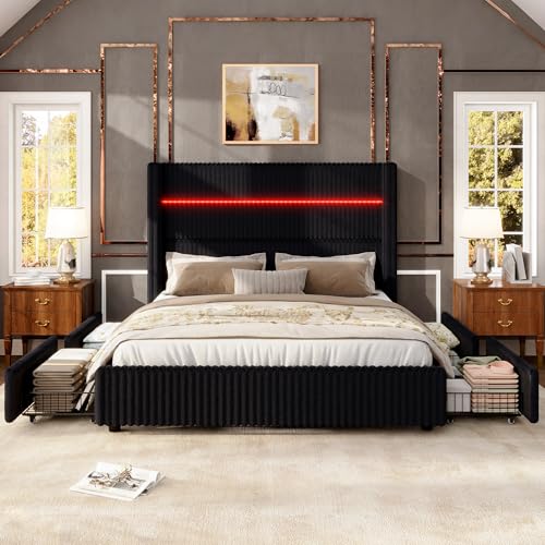 Jocisland King Size Corduroy Upholstered Bed Frame with 4 Storage Drawers & 51.2" Tall Wingback Headboard, LED Bed with Charging Station, No Box Spring Needed, Dark Jocisland
