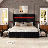 Jocisland King Size Corduroy Upholstered Bed Frame with 4 Storage Drawers & 51.2" Tall Wingback Headboard, LED Bed with Charging Station, No Box Spring Needed, Dark Jocisland