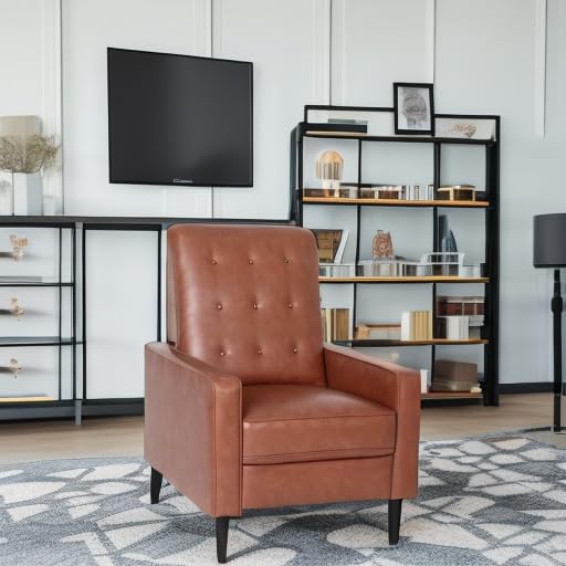Flash Furniture Erza LeatherSoft Button Tufted Pushback Recliner, Mid-Century Modern Recliner Chair for Residential and Commercial Use, Cognac Brown Flash Furniture