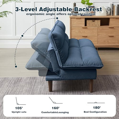 Enobala Futon Sofa Bed, 72" Convertible Futon Couch with 3-Level Adjustble Backrest, Modern Loveseat Couch, Folding Recliner Sleeper Sofa for Small Spaces, Living Room, Apartment, Guest Room, Blue Enobala