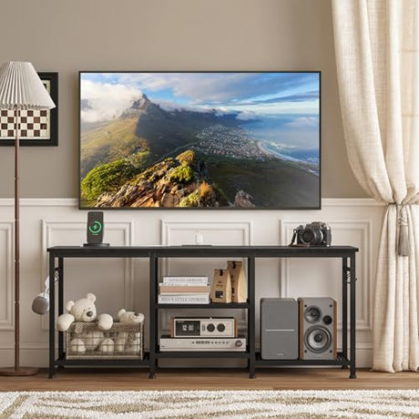 YGEOMER TV Stand for 55 Inch TV, Entertainment Center with Power Outlet and Open Storage Shelves, TV Console Table for Living Room and Bedroom, Black YGEOMER