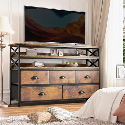 EnHomee Dresser TV Stand Entertainment Center with Fabric Drawers Media Console Table with Wood Open Shelves for 55" TV Storage Drawer Dresser for Bedroom, Living Room, Entryway, Rustic Brown