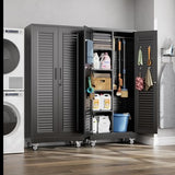 GangMei Metal Broom Closet Storage Cabinet with Hanging Rod, Garage Storage Cabinet with Wheels and 4 Shelves, Pegboard and 13 Hooks for Garage Home, Black, Assembly Required GangMei