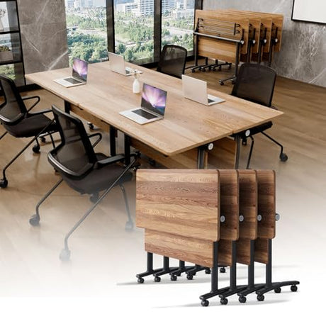 JNMDLAKO Conference Room Table,Modular Large Folding Conference Table with Wheels,Flip-Top Mobile Training Tables for Office Meeting Classroom Seminar (4, White Walnut, 55in) JNMDLAKO