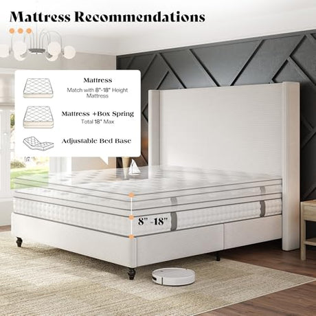 AMERLIFE King Size Bed Frame with 65" Tall Headboard, Upholstered Corduroy Bed Frame with Wingback, Platform Bed with Solid Wood Gourd Legs, Solid Slats, No Box Spring Needed, Cream AMERLIFE