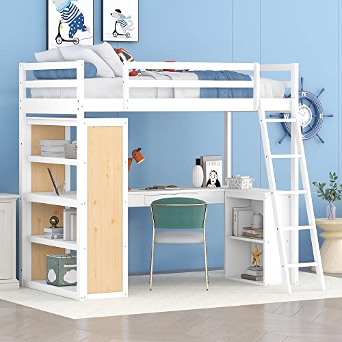 Harper & Bright Designs Twin Size Loft Bed with Desk and Drawer, Wood Twin Loft Bed with Desk,Shelves and Cabinet Underneath, High Loft Bed Twin with Storage for Kids, Boys,Girls,Teens (White,Twin) Harper & Bright Designs
