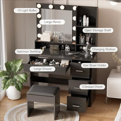 YESHOMY Vanity Desk with Mirror, Power Outlet and 10 Lights, Makeup Table with 4 Drawers, 3 Color Modes Available for Bedroom, Plain Black