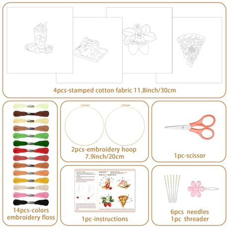 BEUNITONE 4 Set Strawberry Embroidery Kit for Beginners, Food/Drink Needlepoint Kits for Adults with Hoops, Instructions and Full Kit, Personalized Hand Embroidery Patterns for Cloth and Home Decor BEUNITONE