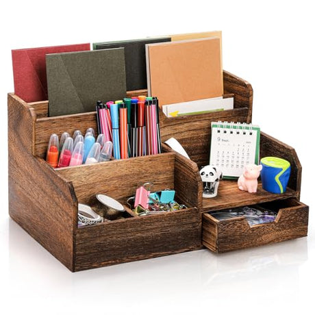 Pumtus Brown Wooden Mail Organizer, Desk Organizer with 7 Compartments and Drawer, Rustic Mail Sorter with Pen Holder, Tabletop Mail Basket, Office Accessories Holder for Pen File Letter Document Pumtus