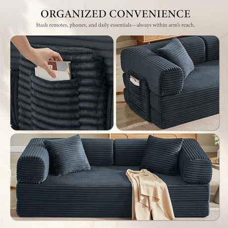 AUGOP Boneless Couch Folding Couches for Living Room Sofa, Futon Sofa Bed with Sleeper Sofa, Futon Couch with Fixed-Shape Oversized Corduroy Upholstered (Dark Gray, 81 Inches) AUGOP