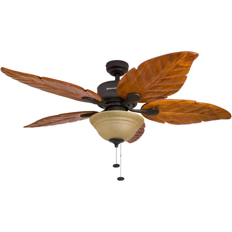 Honeywell Ceiling Fans Royal Palm, 52 Inch Tropical LED Ceiling Fan with Light, Pull Chain, Three Mounting Options, Hand Carved Solid Wood Blades - 50204-01 (Bronze) Honeywell Ceiling Fans