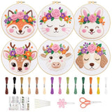ORIGACH 6 Pack Animals & Floral Crown Embroidery Kits for Beginners, DIY Starter Hand Embroidery Kit with Floral and Dog Rabbit Fox Patterns and Instructions for Adults Women Crafting