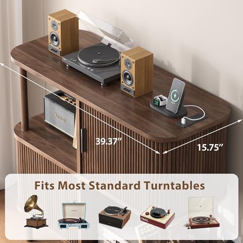 OneBlis 40" Large Record Player Stand with Charging Station, Mid Century Modern Turntable Cabinet with Sliding Doors, Wood Vinyl Record Storage Stand for Living Room Music Corner OneBlis