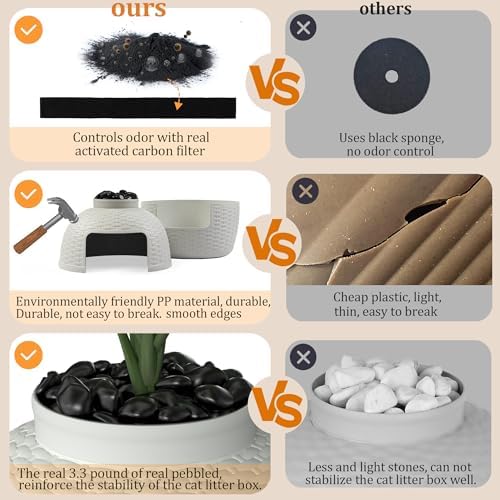 Hidden Box with Faux Plant, Large Cat Litter Box with Rattan Pattern, Heavy Duty PP Material Litter Box Enclosure Furniture for Home Decor, Light Grey keygarzone