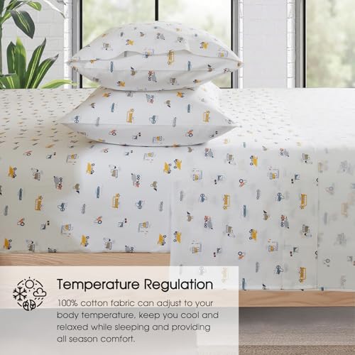 Ivellow Twin Sheets Set Kids 100% Natural Cotton Sheets Soft Breathable Durable Lightweight Crispy Percale Bed Sheets 16" Deep Pocket Excavator Car Patterned Kids Twin Bedding Dorm Essentials Ivellow
