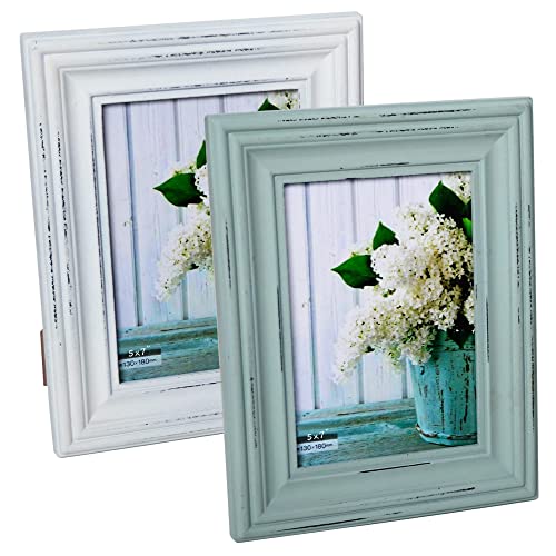 Buecasa Rustic 5x7 Inches Wooden Picture Frame Pack of 2 Vintage Cyan and White in Gift Box - Distressed Wood High Definition Glass Photo Frame Outside 7.9x9.9 Inches - 2 Way Display Tabletop or Wall Buecasa